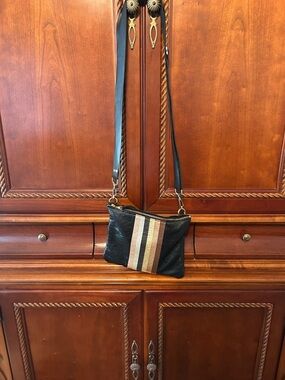 Black Leather Crossbody Bag with Neutral Stripe